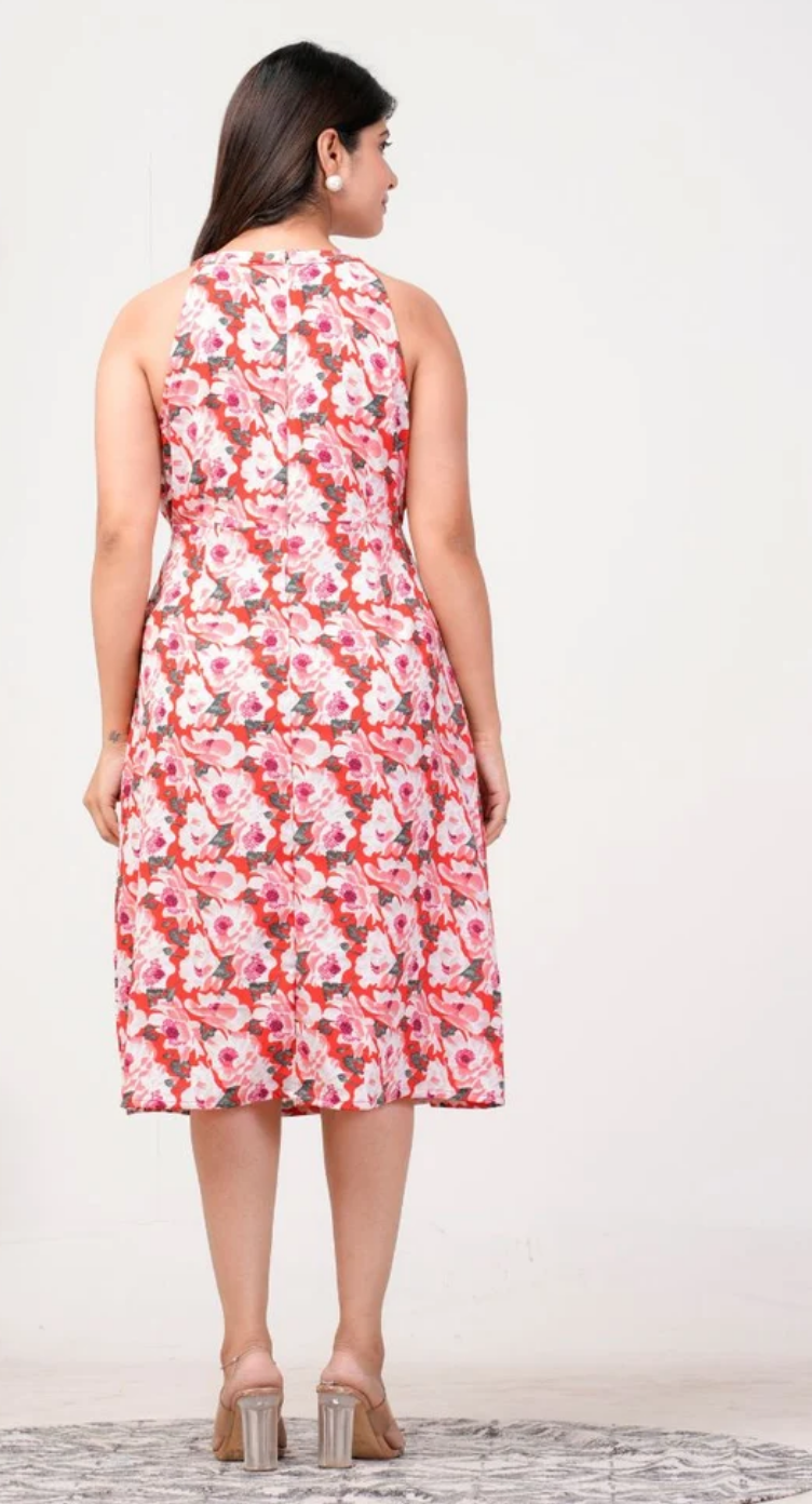 Red Floral Ravera Dress for Women S-XL Sleeveless High Low Halter Neck | GypsieBlu