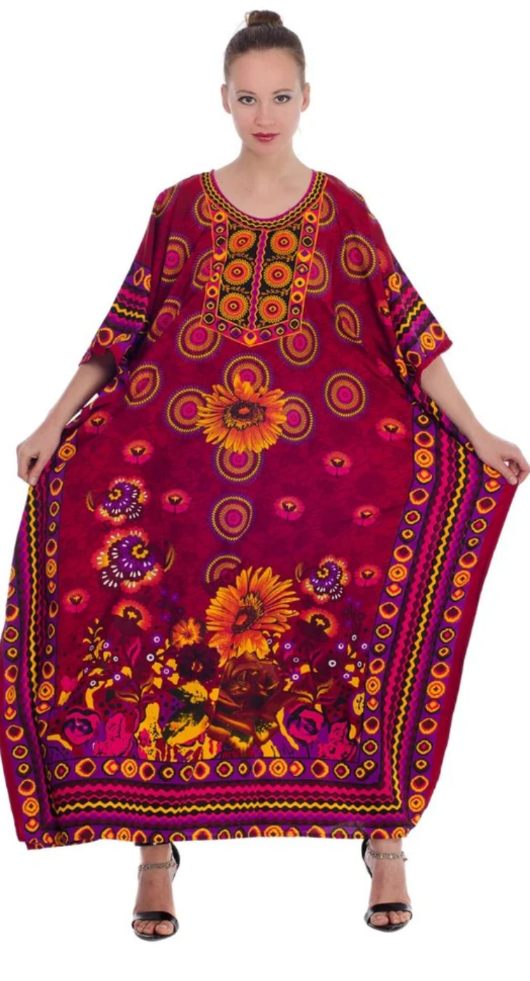 Red Sunflower Medallion Polyester Plus Size Kaftan for Women 1X-3X | GypsieBlu