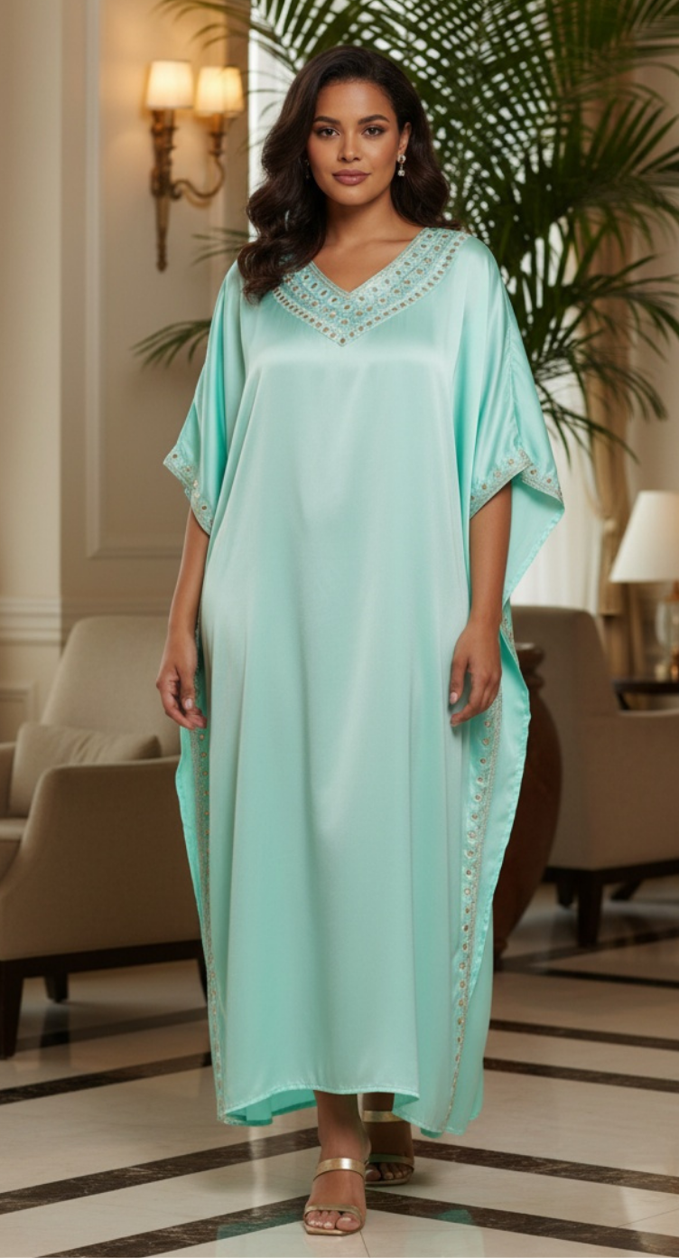Ice Green Satin Women Kaftan Dress With Embroidery Plus Size