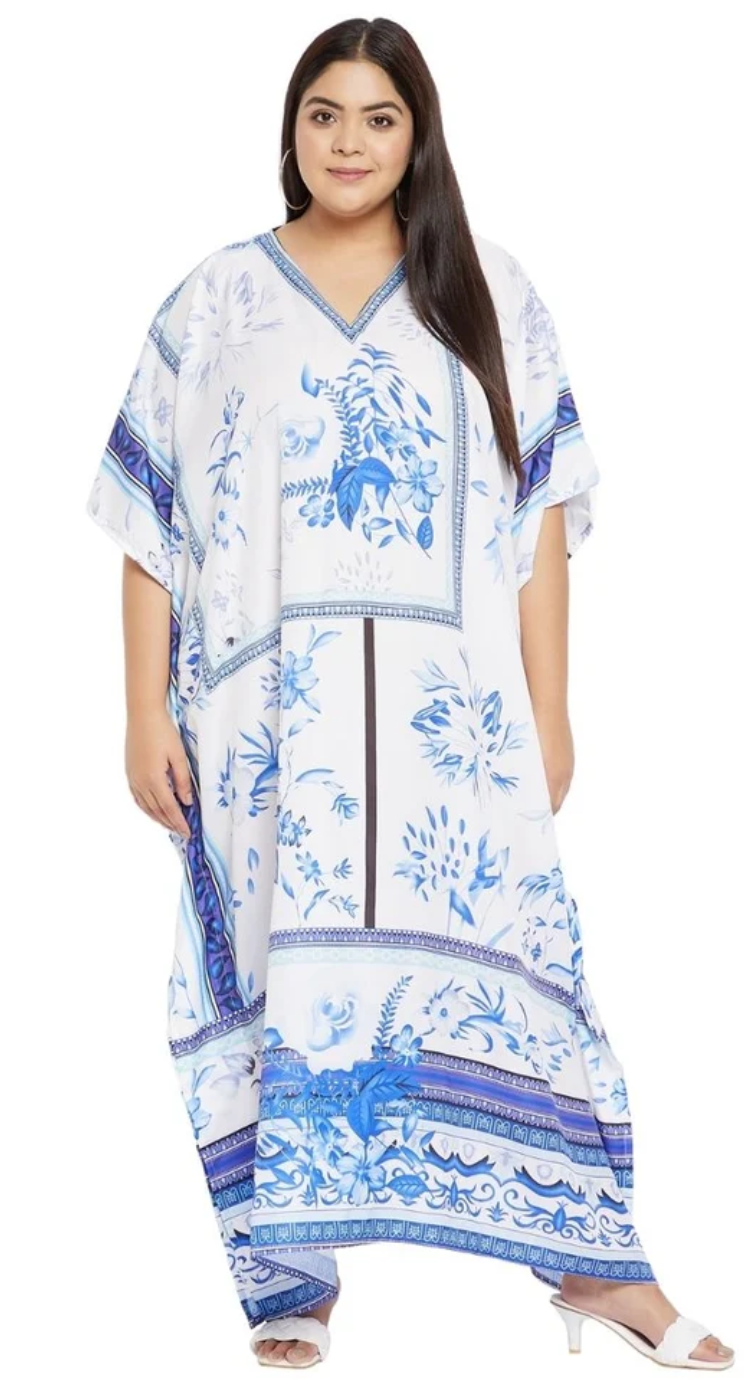 Floral Blue China Polyester Plus Size Kaftan for Women 1X-3X | GypsieBlu