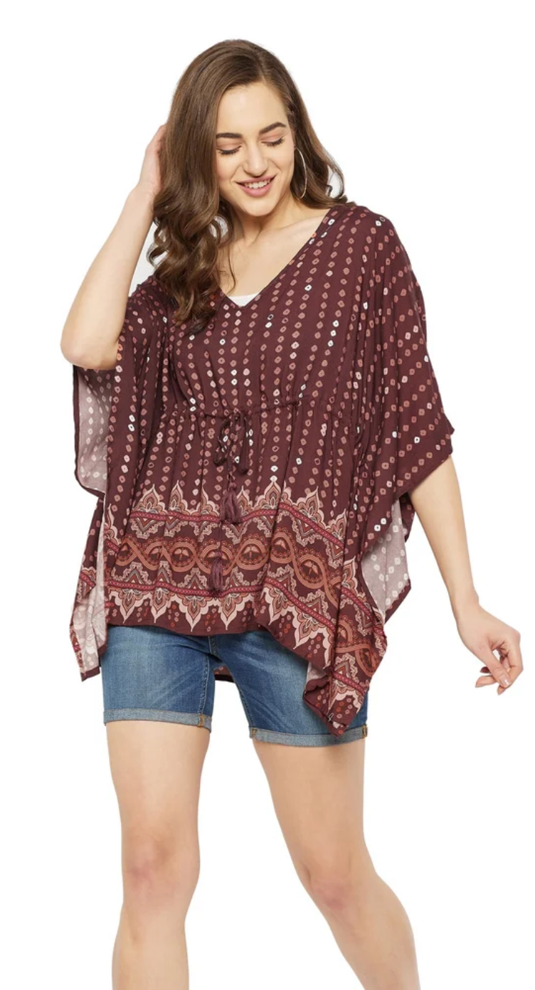 Brown Rayon Tunic Top for Women S-XL 3/4 Sleeve V Neck - Sequin Dot Print | GypsieBlu