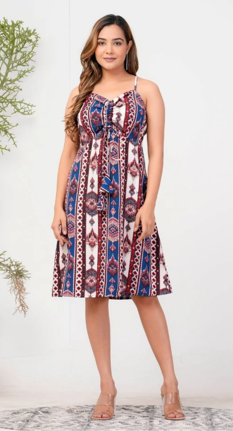 Blue Ikat Polyester Tie-Front Midi Dress for Women S-XL Sleeveless V Neck | GypsieBlu
