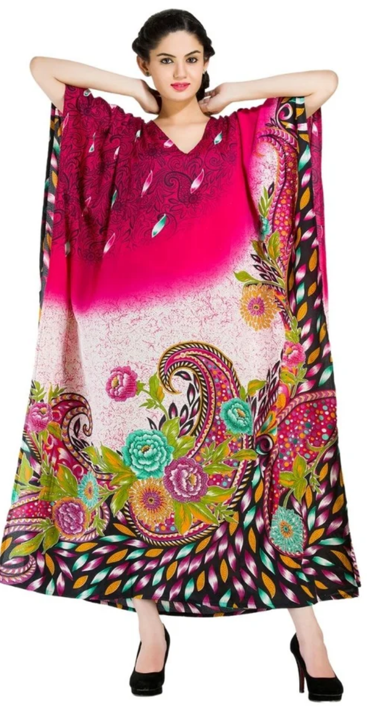 Deep Pink Ombre Paisley Polyester Plus Size Kaftan for Women 1X-3X | GypsieBlu
