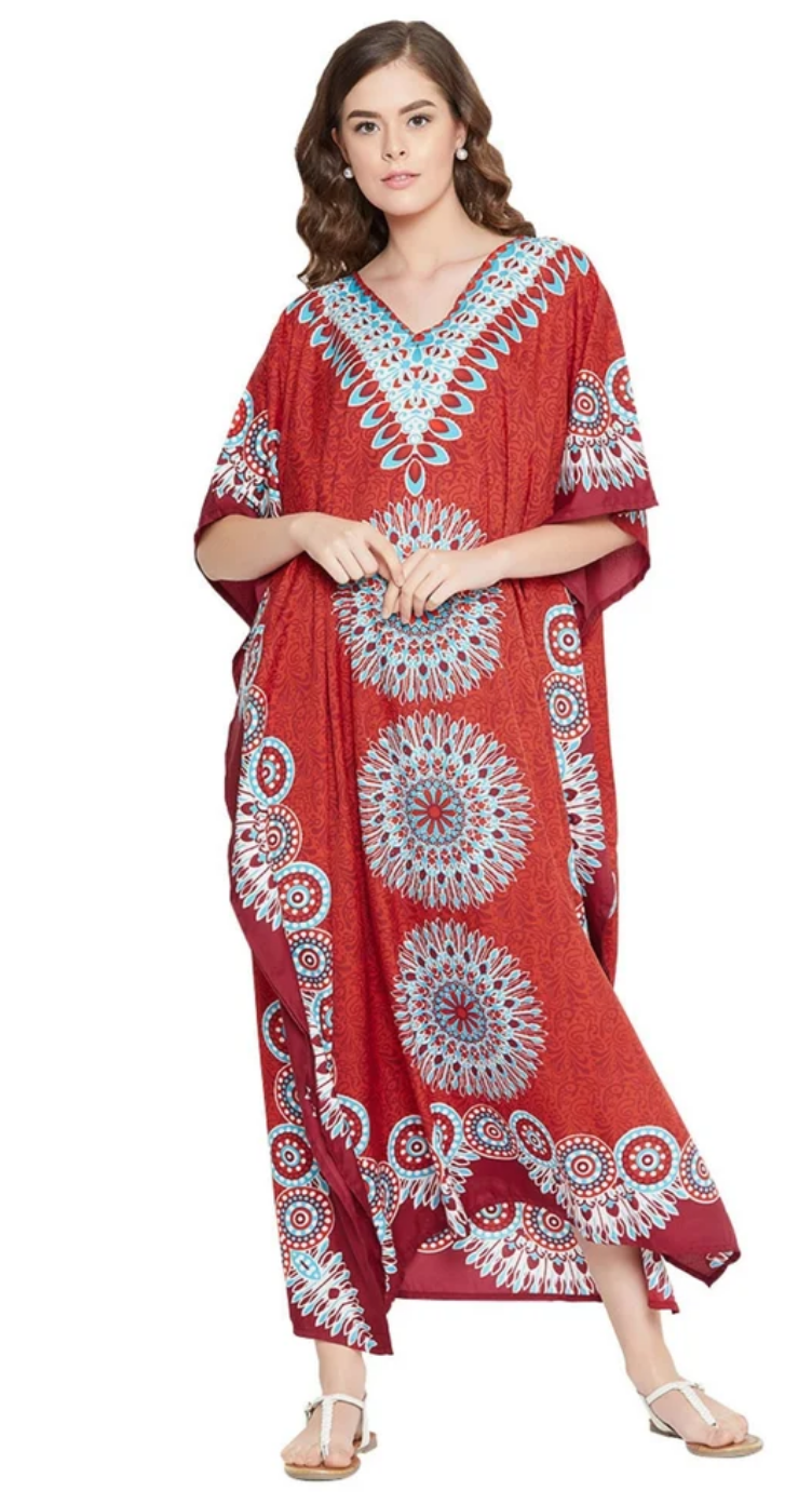 Red Floral Medallion Mandala Polyester Plus Size Kaftan for Women 1X-3X 3/4 Sleeve | GypsieBlu