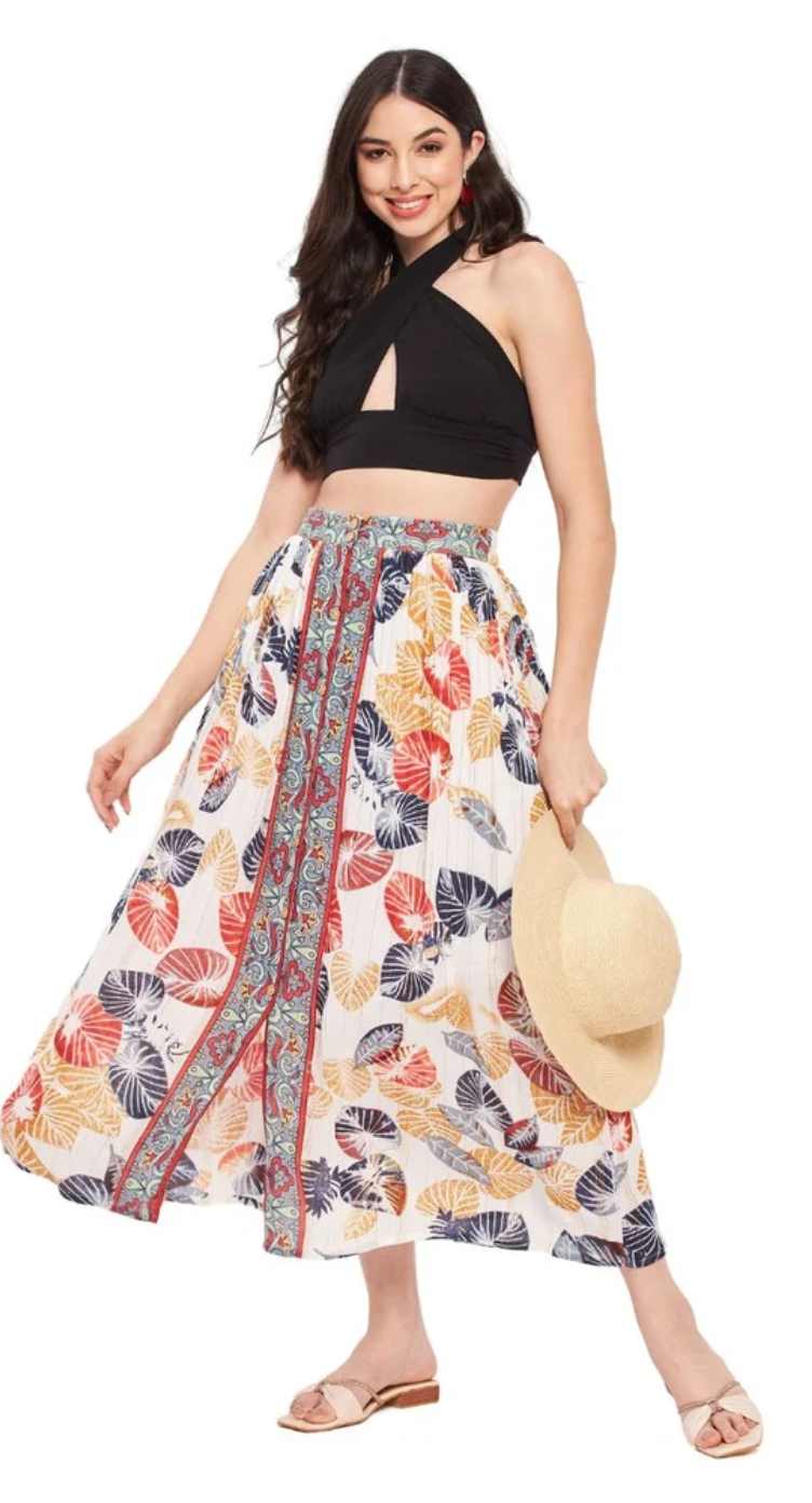 Multicolor A-Line Botanical Border Rayon Skirt for Women S-XL | GypsieBlu
