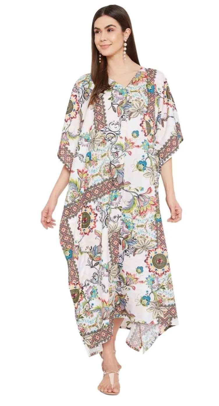 Ivory Multicolor Floral Medallion Polyester Plus Size Kaftan for Women 1X-3X 3/4 Sleeve | GypsieBlu