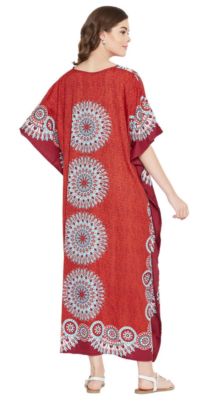 Red Floral Medallion Mandala Polyester Plus Size Kaftan for Women 1X-3X 3/4 Sleeve | GypsieBlu