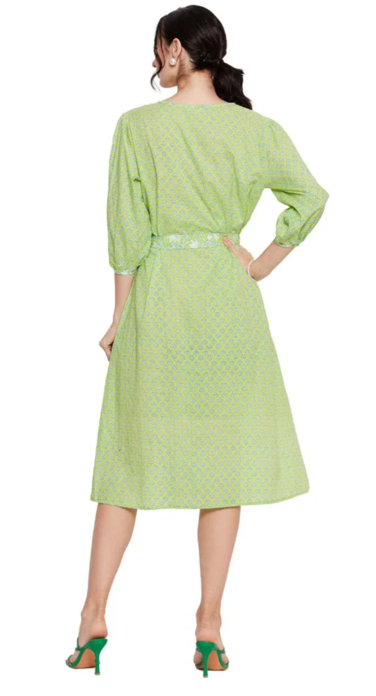 Neon Green Floral Cotton Dress for Women S-XL 3/4 Sleeve | GypsieBlu