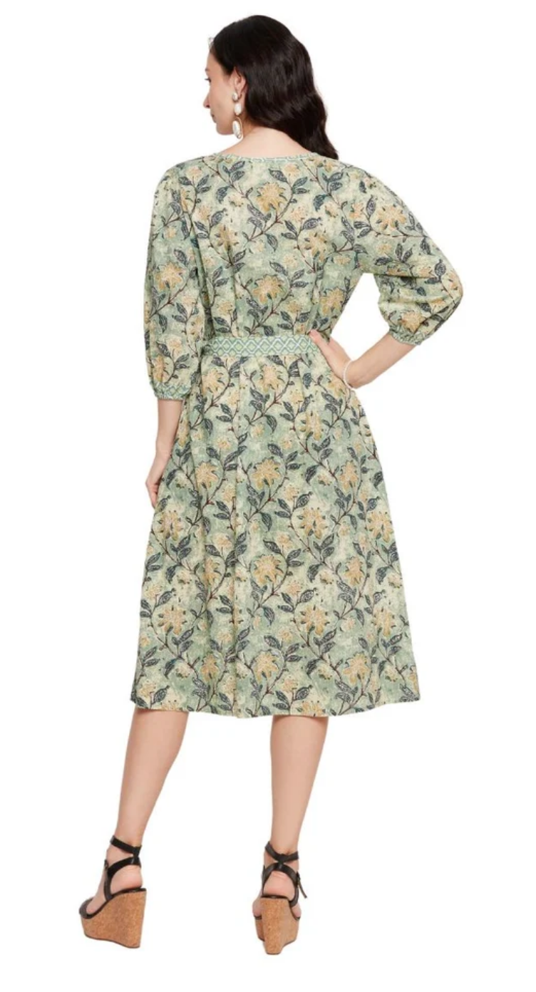 Green Floral Cotton Midi Dress for Women S-XL 3/4 Sleeve Mandarin Neck | GypsieBlu