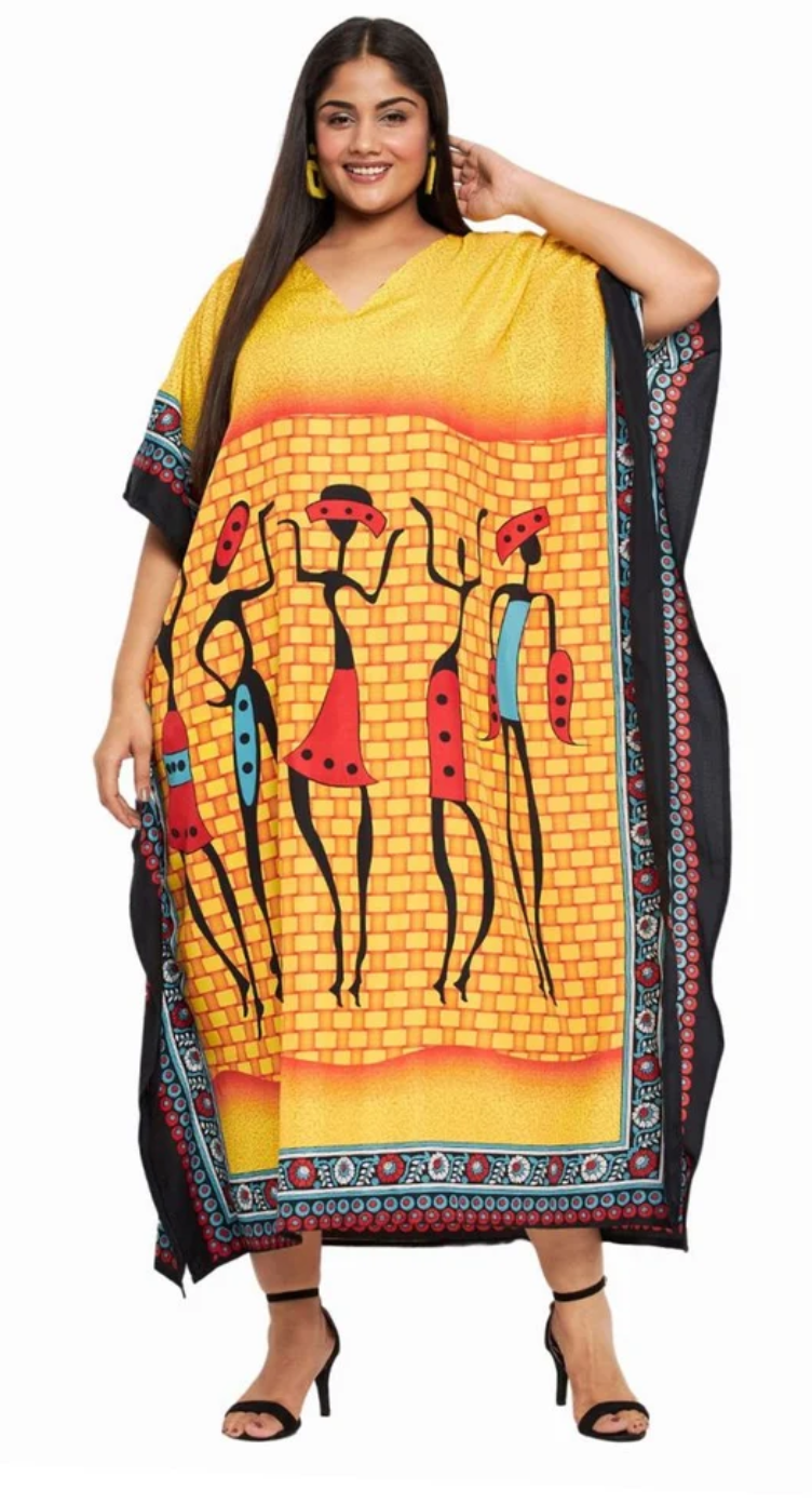 Yellow Tribal Dancing Polyester Plus Size Kaftan for Women 1X-3X | GypsieBlu