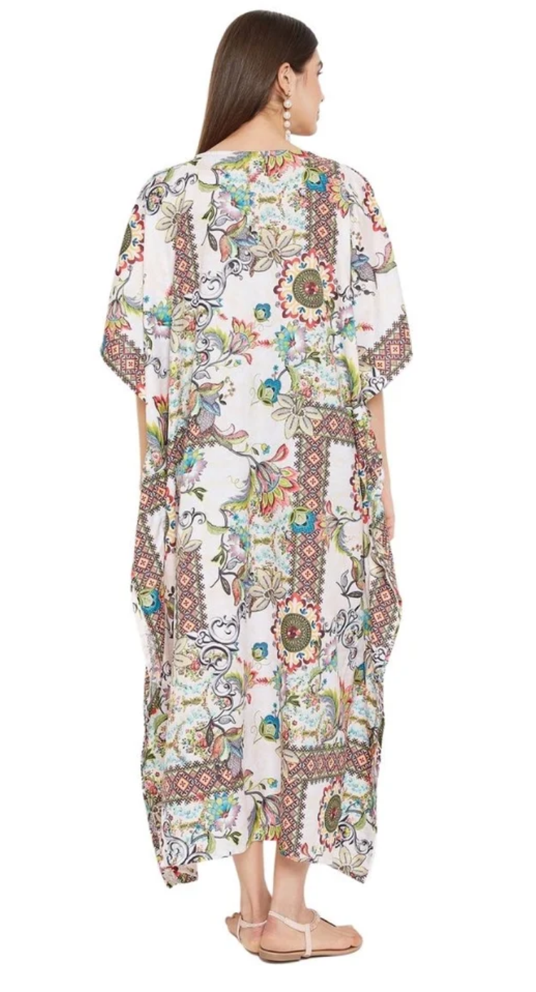 Ivory Multicolor Floral Medallion Polyester Plus Size Kaftan for Women 1X-3X 3/4 Sleeve | GypsieBlu