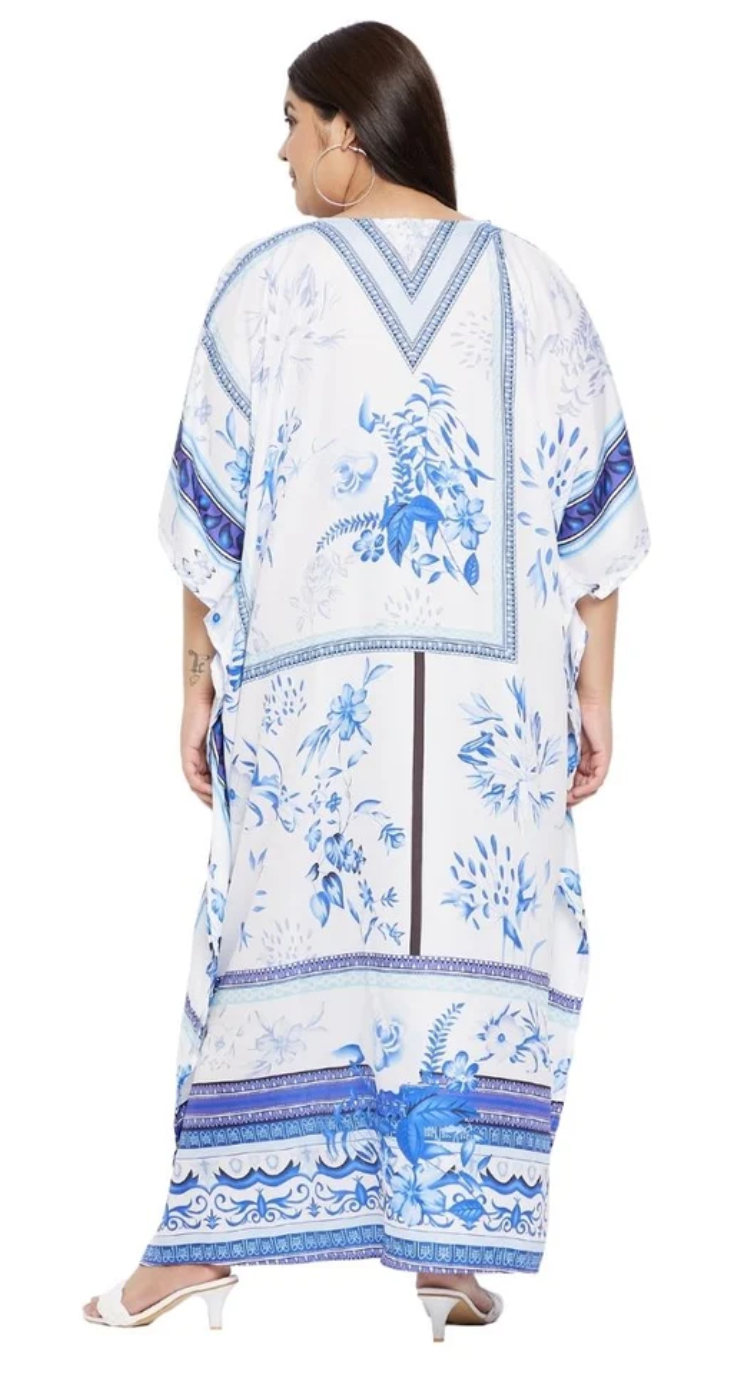 Floral Blue China Polyester Plus Size Kaftan for Women 1X-3X | GypsieBlu