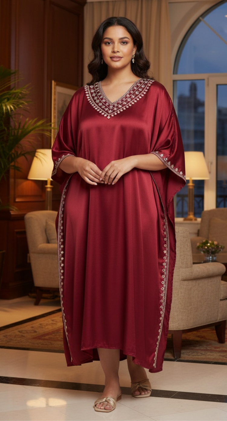 Jester Red Satin Caftan Dress For Plus Size Women With Embroidery