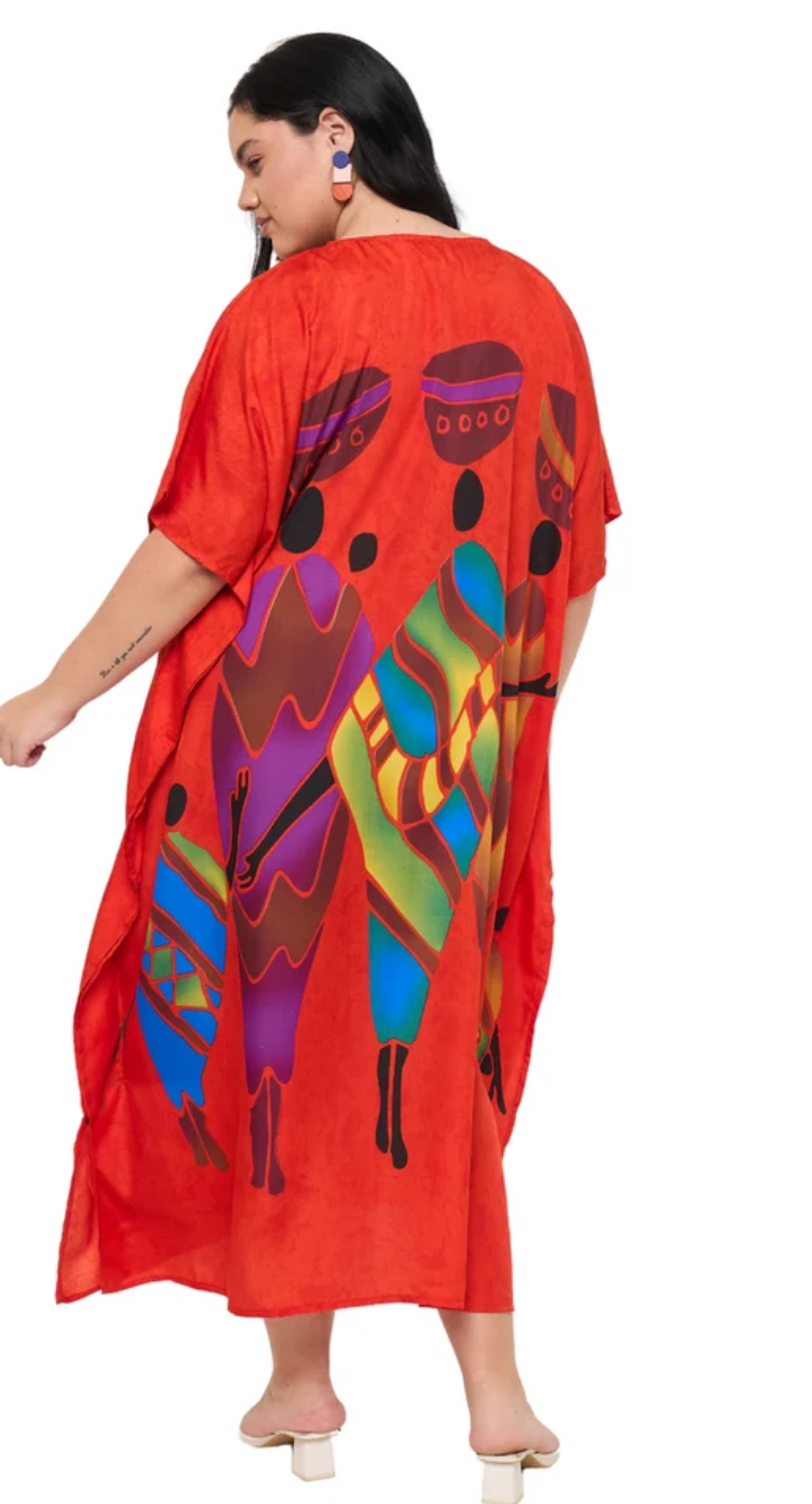 Red Abstract Tribal Polyester Plus Size Kaftan for Women 1X-3X | GypsieBlu