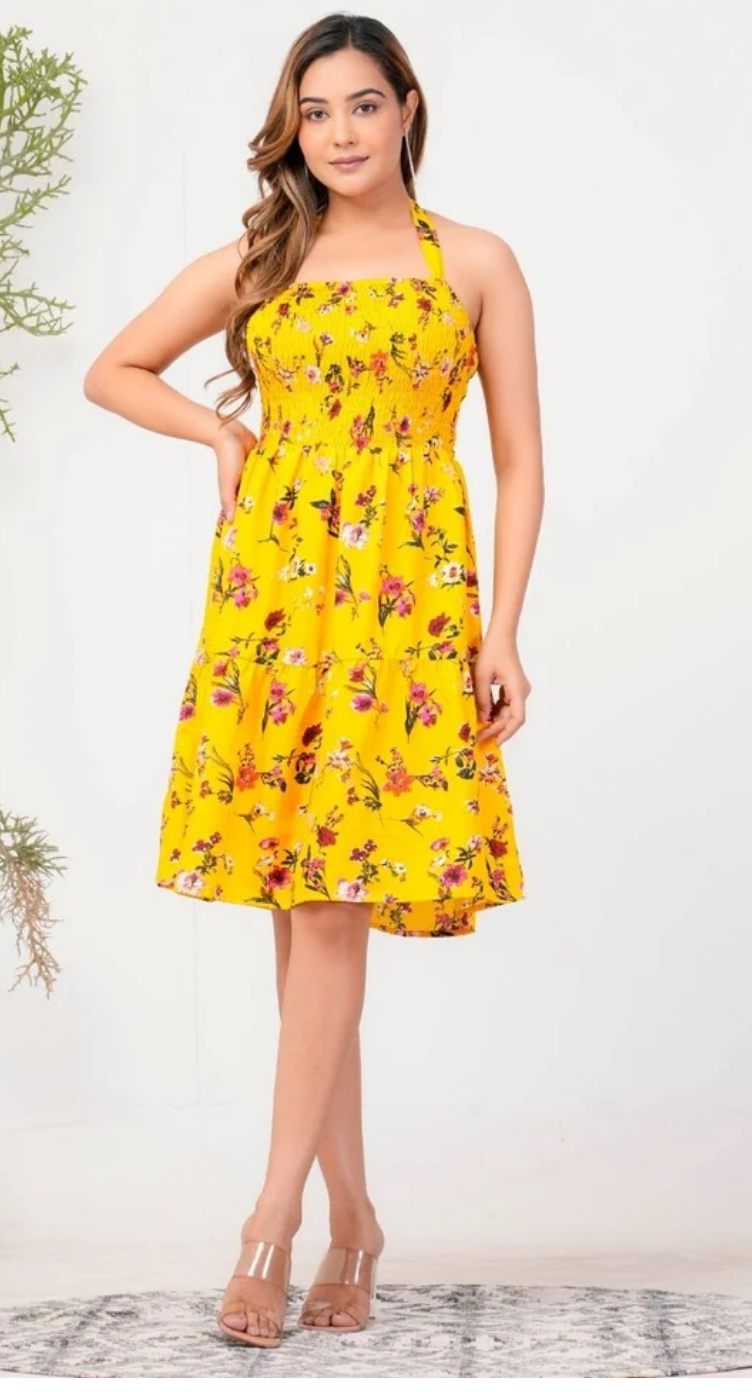 Yellow Floral Polyester Halter Dress for Women S-XL Sleeveless | GypsieBlu