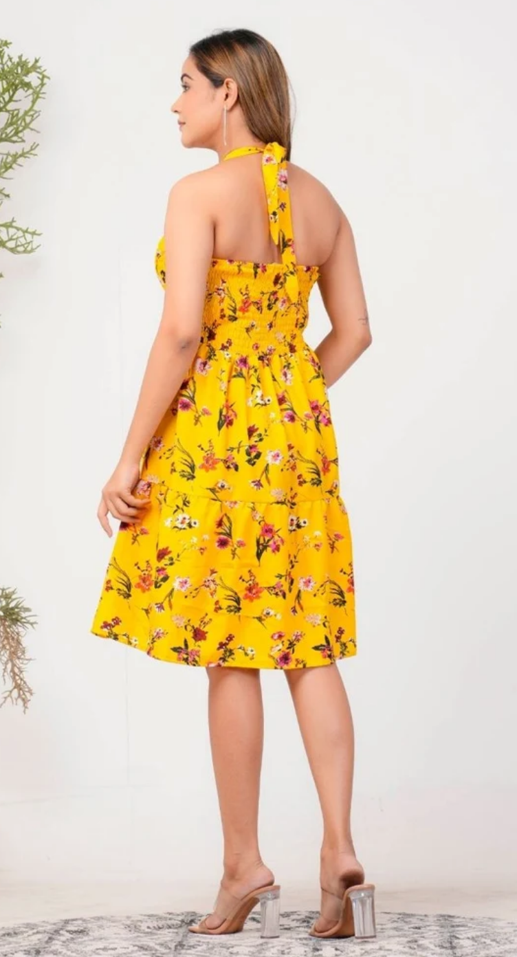 Yellow Floral Polyester Halter Dress for Women S-XL Sleeveless | GypsieBlu