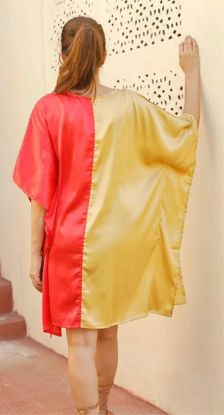 Gold & Red Colorblock Satin Plus Size Tunic for Women 1X-3X 3/4 Sleeve V Neck | GypsieBlu