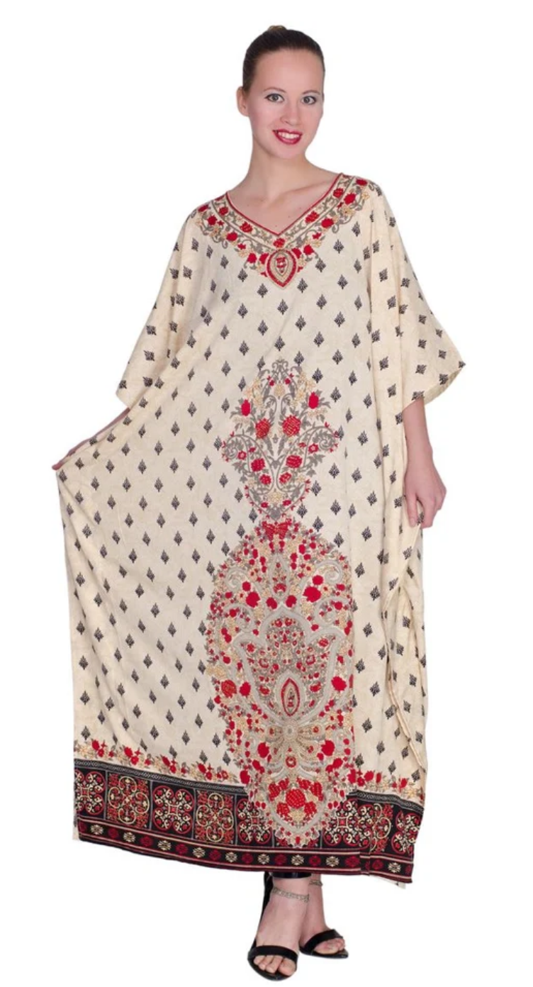 Cream Floral Medallion Polyester Plus Size Kaftan for Women 1X-3X 3/4 Sleeve | GypsieBlu