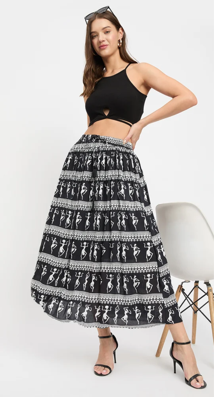 White Warli Dance Rayon Skirt for Women S-XL | GypsieBlu