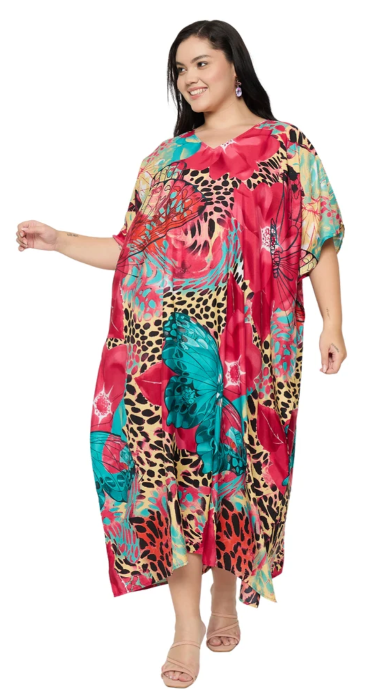 Deep Pink Leopard Butterfly Polyester Plus Size Kaftan for Women 1X-3X | GypsieBlu