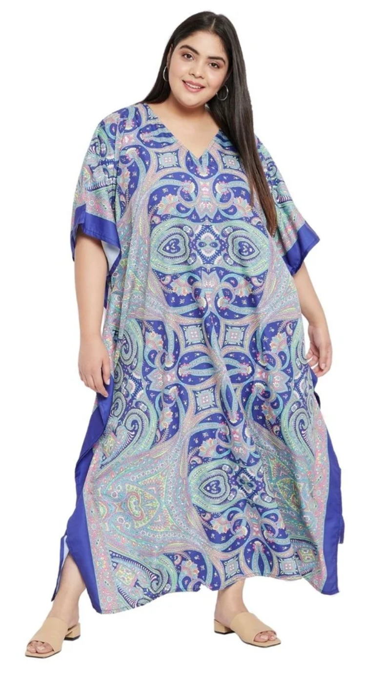 Blue Kaleidoscope Paisley Polyester Plus Size Kaftan for Women 1X-3X | GypsieBlu