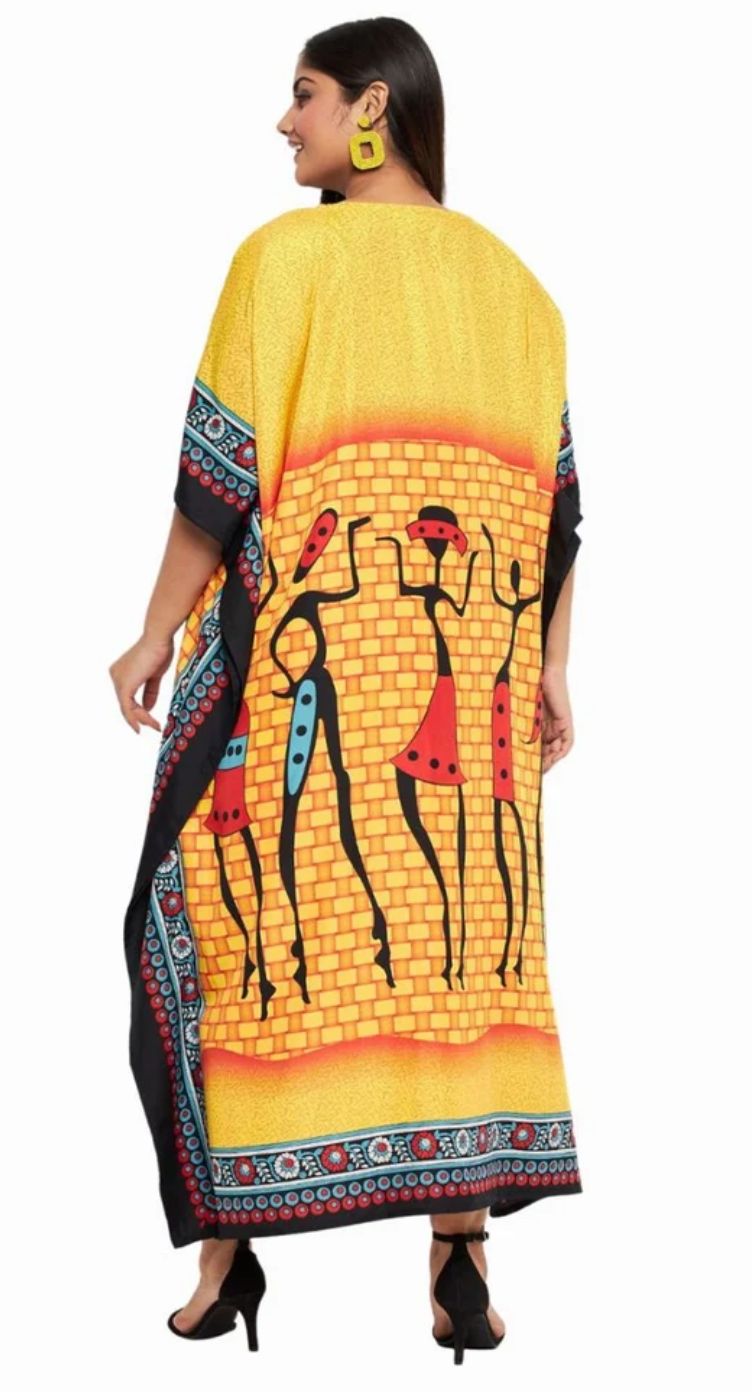 Yellow Tribal Dancing Polyester Plus Size Kaftan for Women 1X-3X | GypsieBlu
