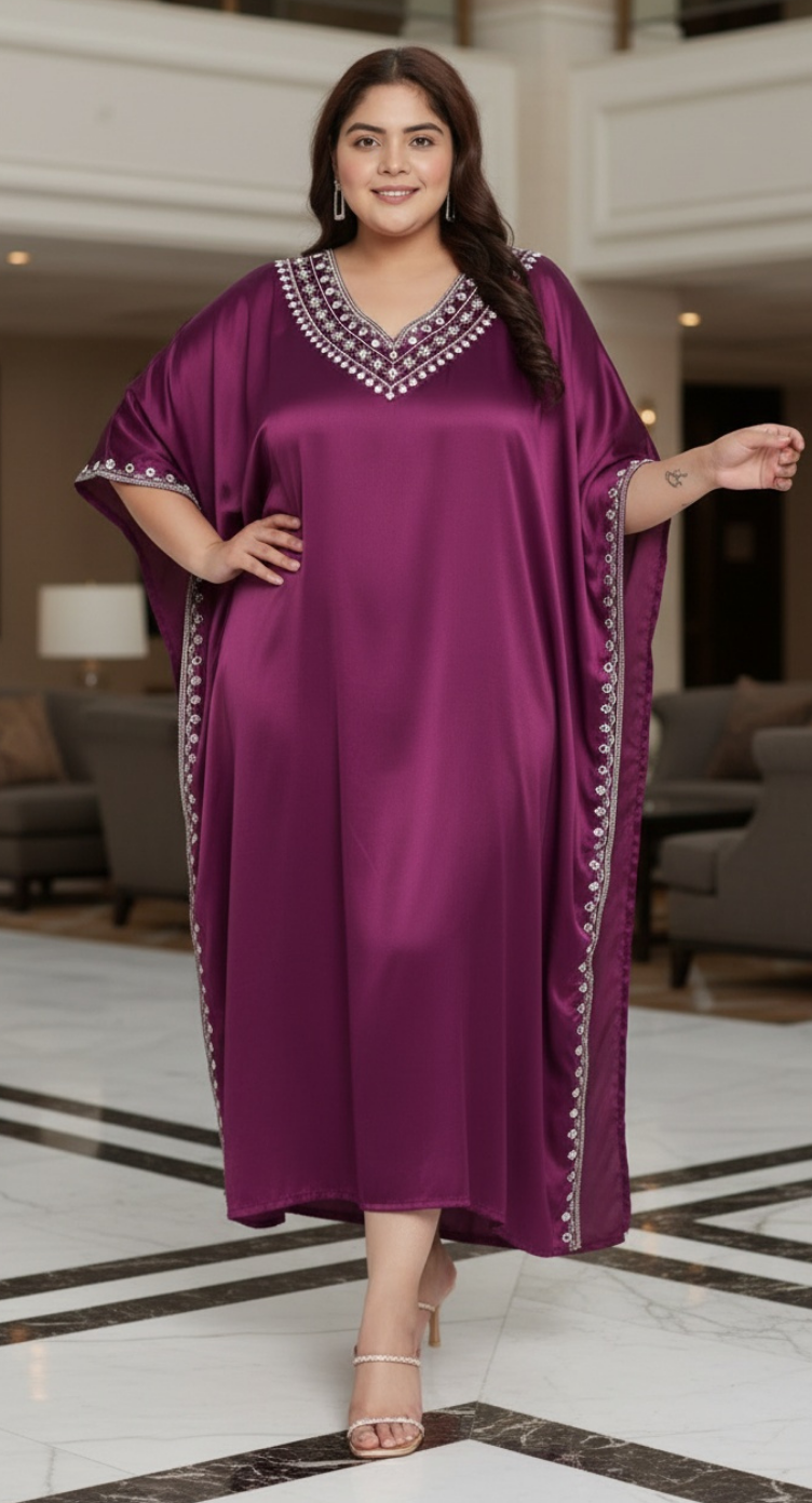 Solid With Embroidery Lace Purple Satin Kaftan For Plus Size Women