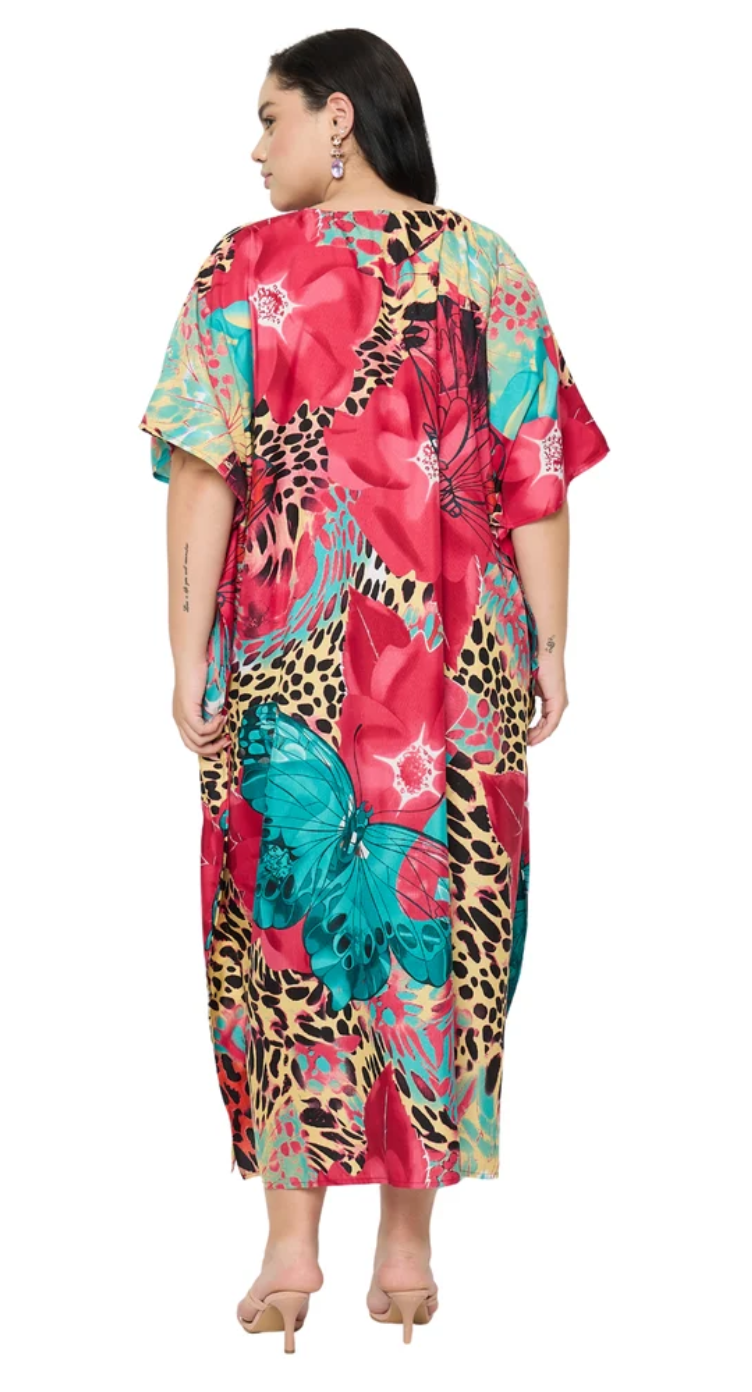 Deep Pink Leopard Butterfly Polyester Plus Size Kaftan for Women 1X-3X | GypsieBlu
