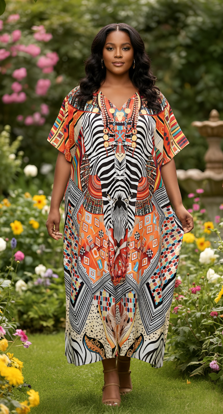 Black And White Tribal Elegant Plus Size Kaftan Dress for Women