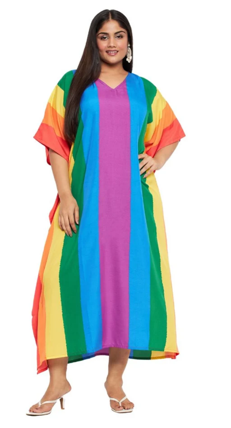 Multicolor Colorblock Rainbow Vertical Polyester Plus Size Kaftan for Women 1X-3X | GypsieBlu