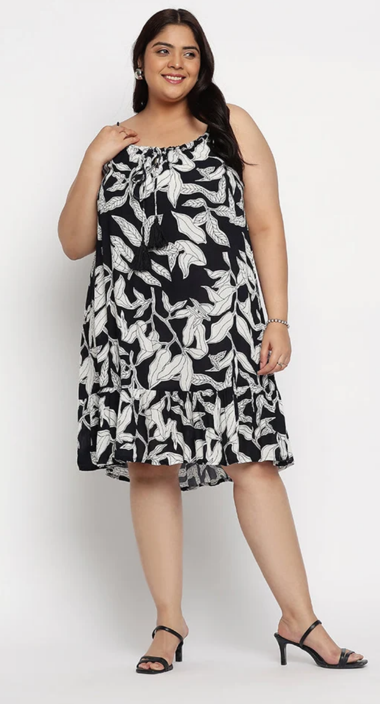 White & Black Leaf Rayon Midi Dress for Women S-XL | GypsieBlu