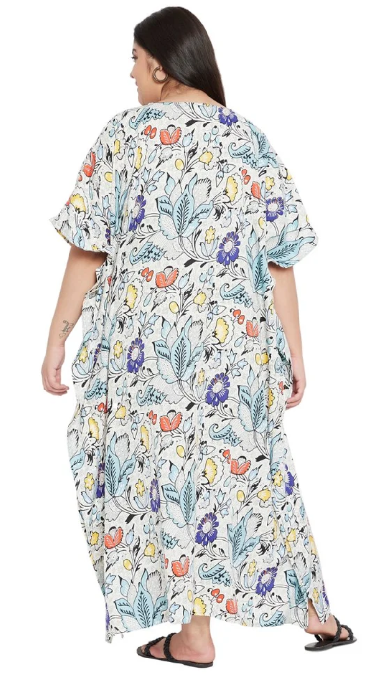 White Line-Art Floral Doodle Polyester Plus Size Kaftan for Women 1X-3X 3/4 Sleeve | GypsieBlu