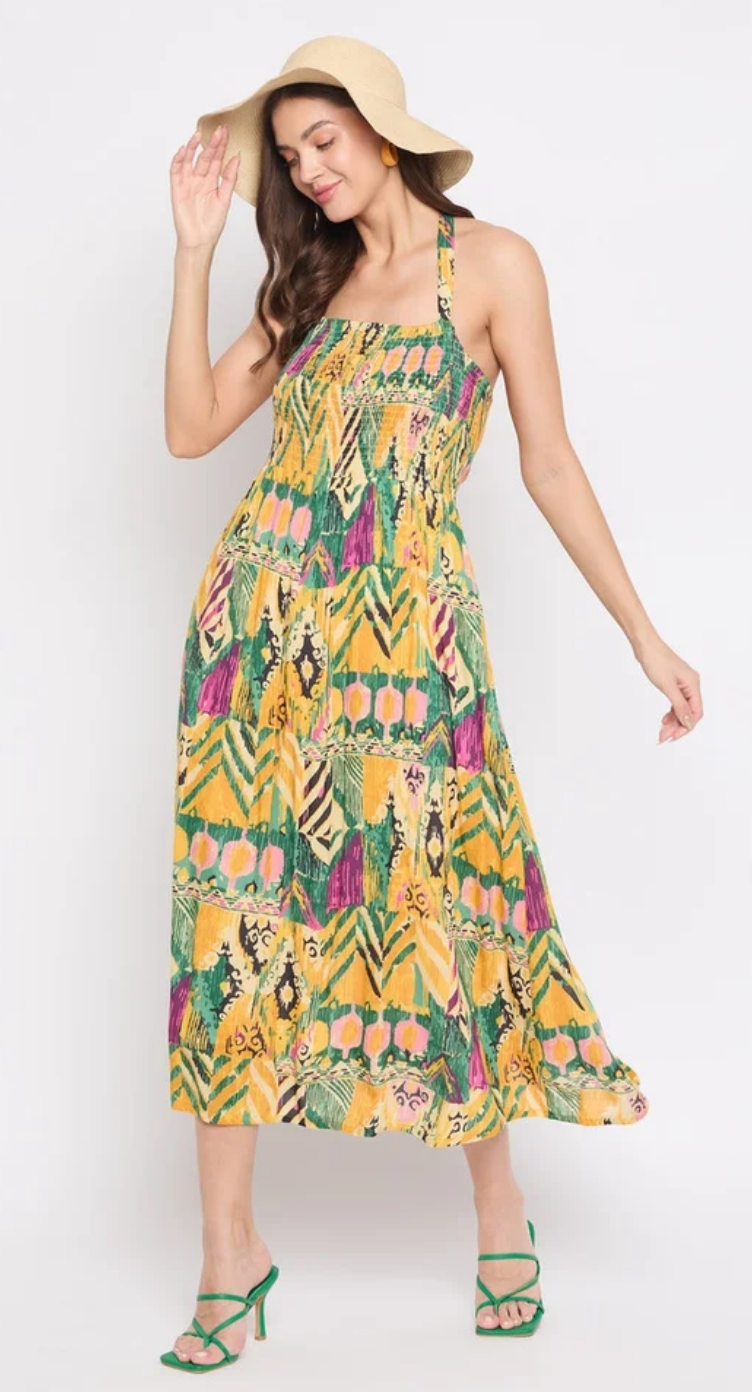 Yellow Abstract Rayon Midi Dress for Women S-XL Sleeveless Halter Neck | GypsieBlu