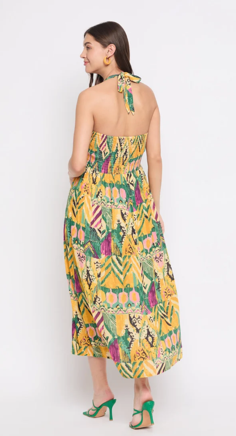 Yellow Abstract Rayon Midi Dress for Women S-XL Sleeveless Halter Neck | GypsieBlu
