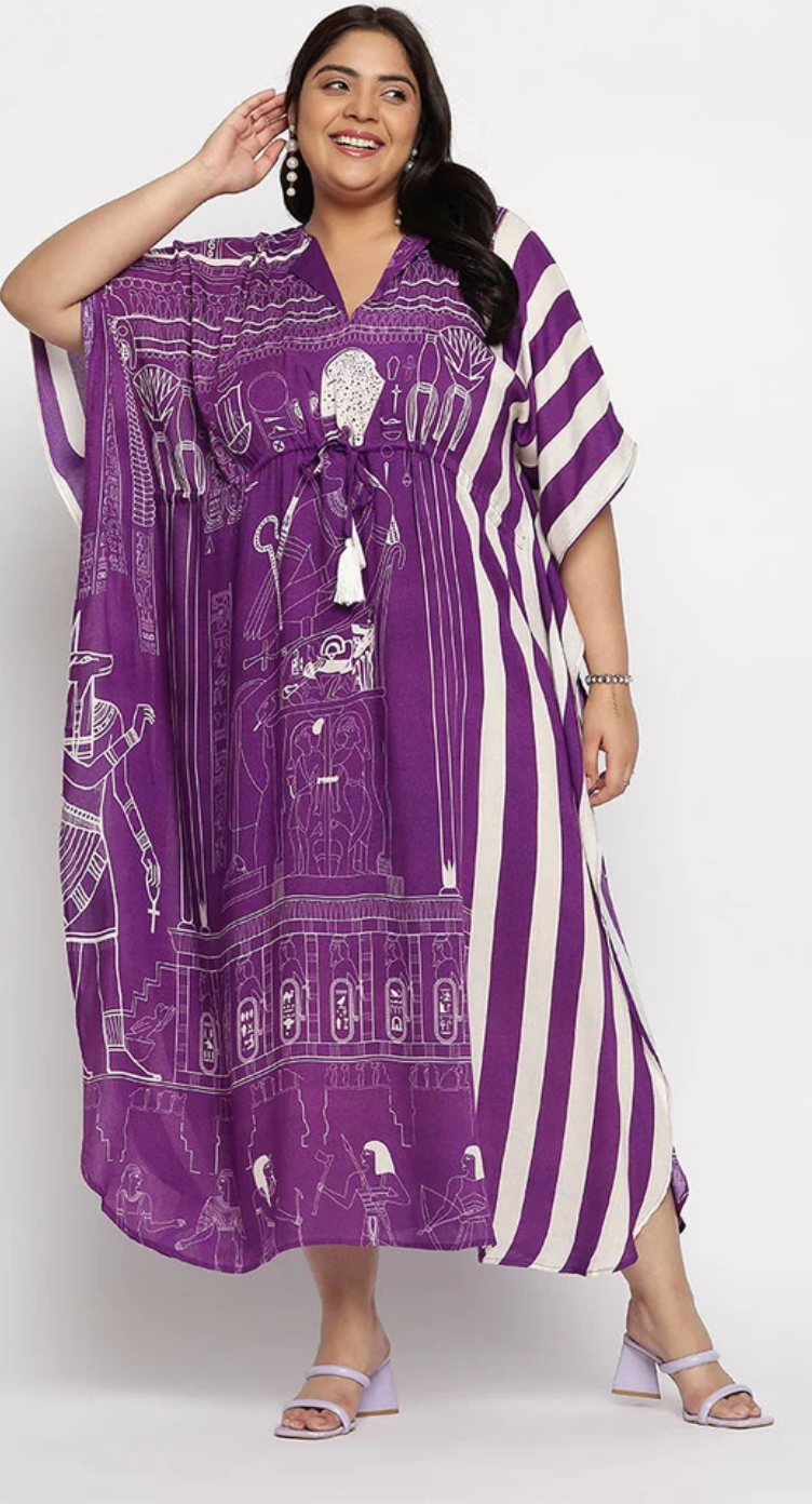 Purple Egyptian Hieroglyph Rayon Plus Size Kaftan for Women 1X-3X | GypsieBlu