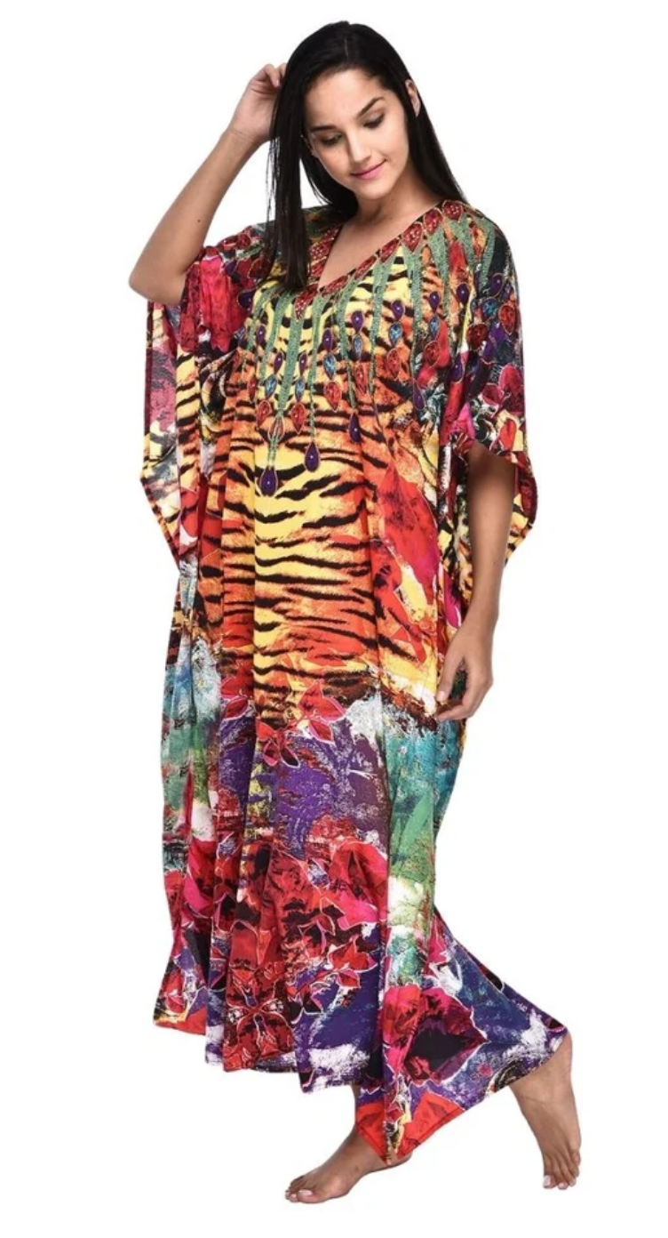 Multicolor Tiger Stripe Polyester Plus Size Kaftan for Women 1X-3X | GypsieBlu