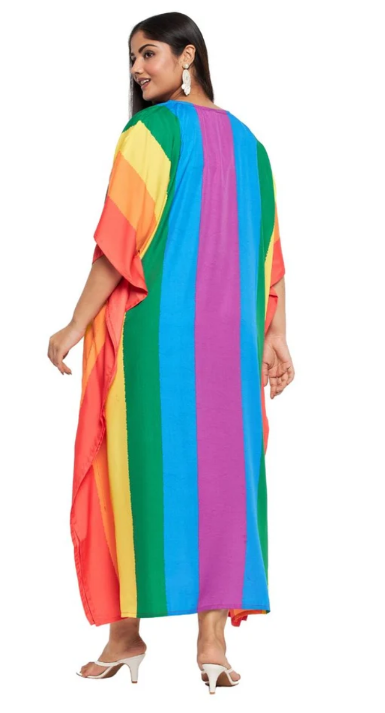 Multicolor Colorblock Rainbow Vertical Polyester Plus Size Kaftan for Women 1X-3X | GypsieBlu