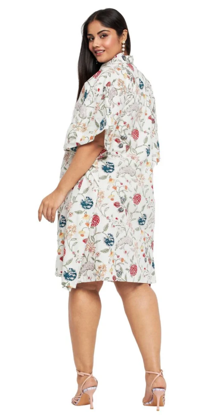 White Floral Cotton Plus Size Tunic for Women 1X-3X 3/4 Sleeve - Wildflower Botanical Print | GypsieBlu