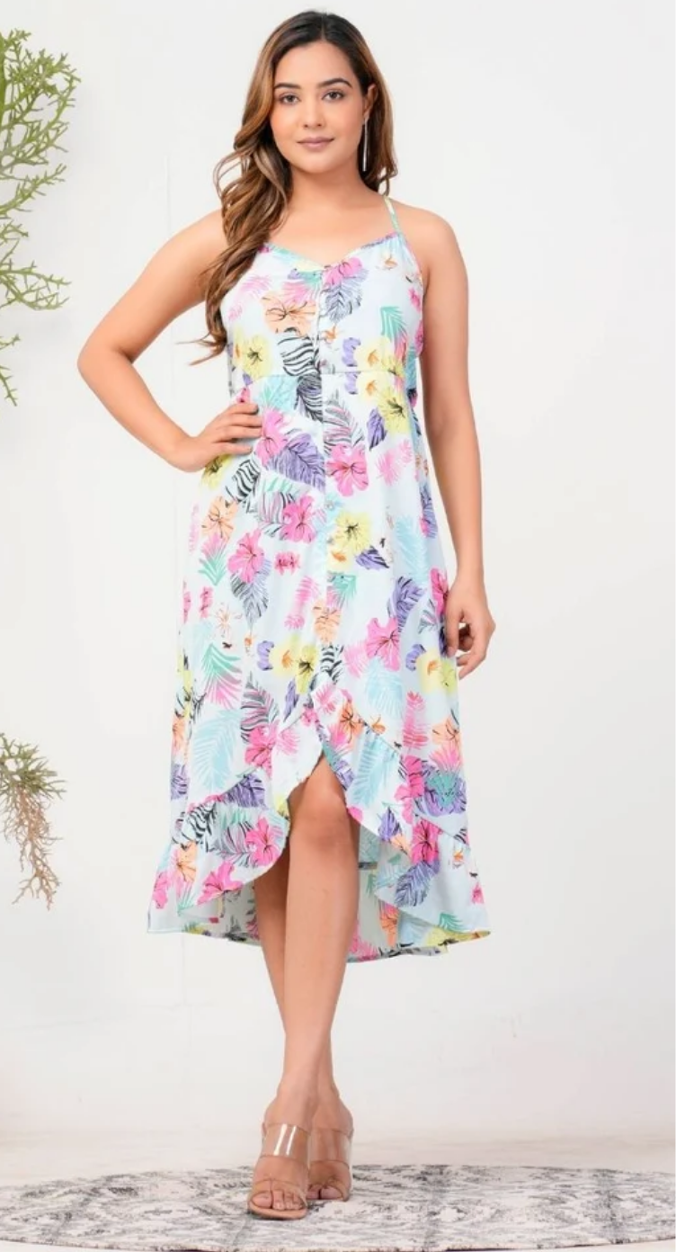 Blue Tropical Polyester Button-Front Midi Dress for Women S-XL Sleeveless | GypsieBlu