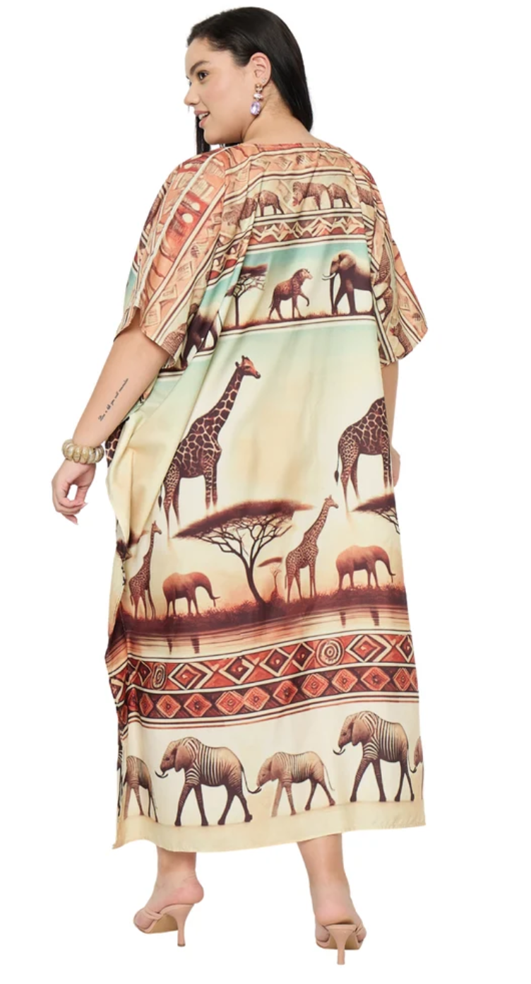 Beige African Safari Polyester Plus Size Kaftan for Women 1X-3X | GypsieBlu