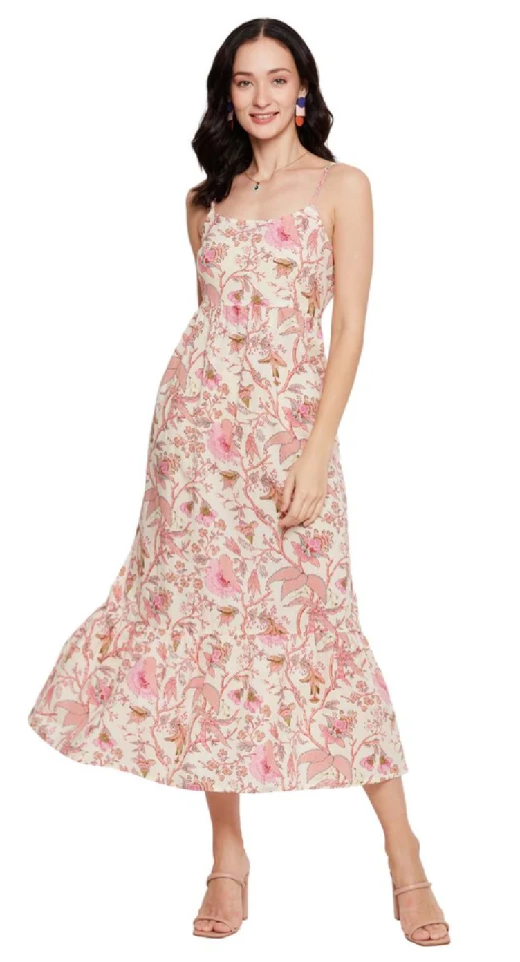 Ecru White Floral Cotton Midi Dress for Women S-XL | GypsieBlu
