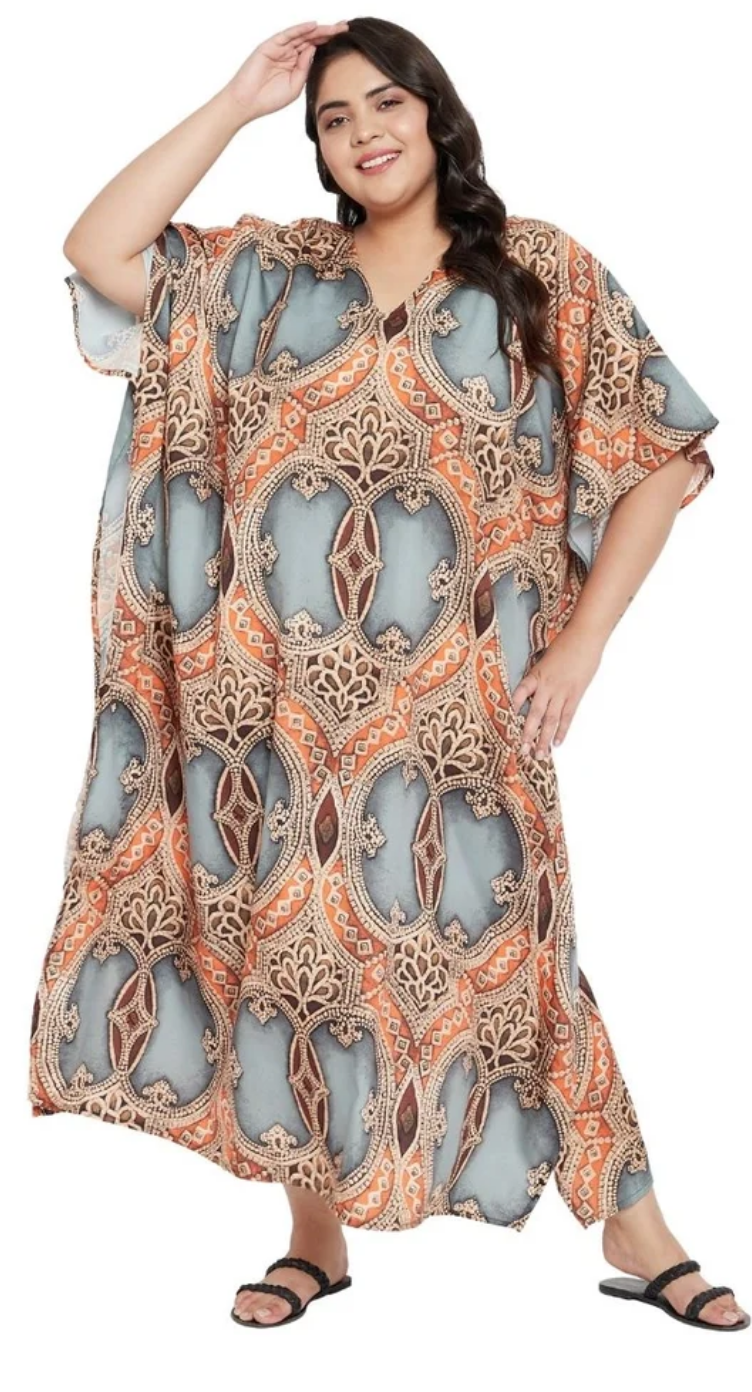 Light Grey Ornate Damask Polyester Plus Size Kaftan for Women 1X-3X | GypsieBlu