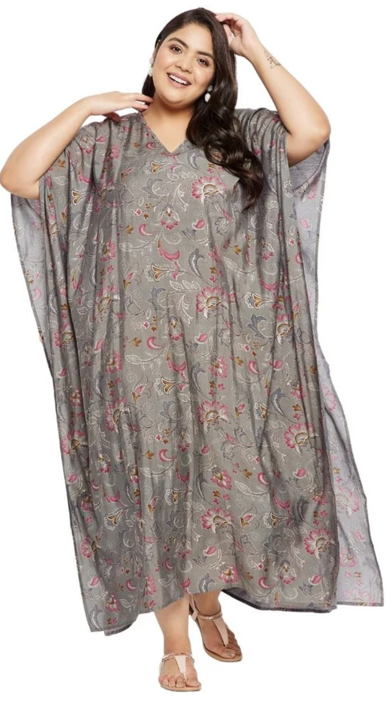 GypsieBlu Gray Plus Size Cotton Kaftan Dress for Women Kimono Sleeve 1X-3X