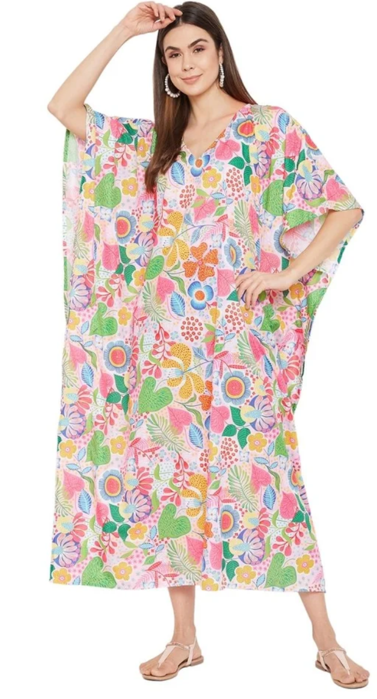 White Ditsy-Bouquet Floral Doodle Polyester Plus Size Kaftan for Women 1X-3X 3/4 Sleeve | GypsieBlu