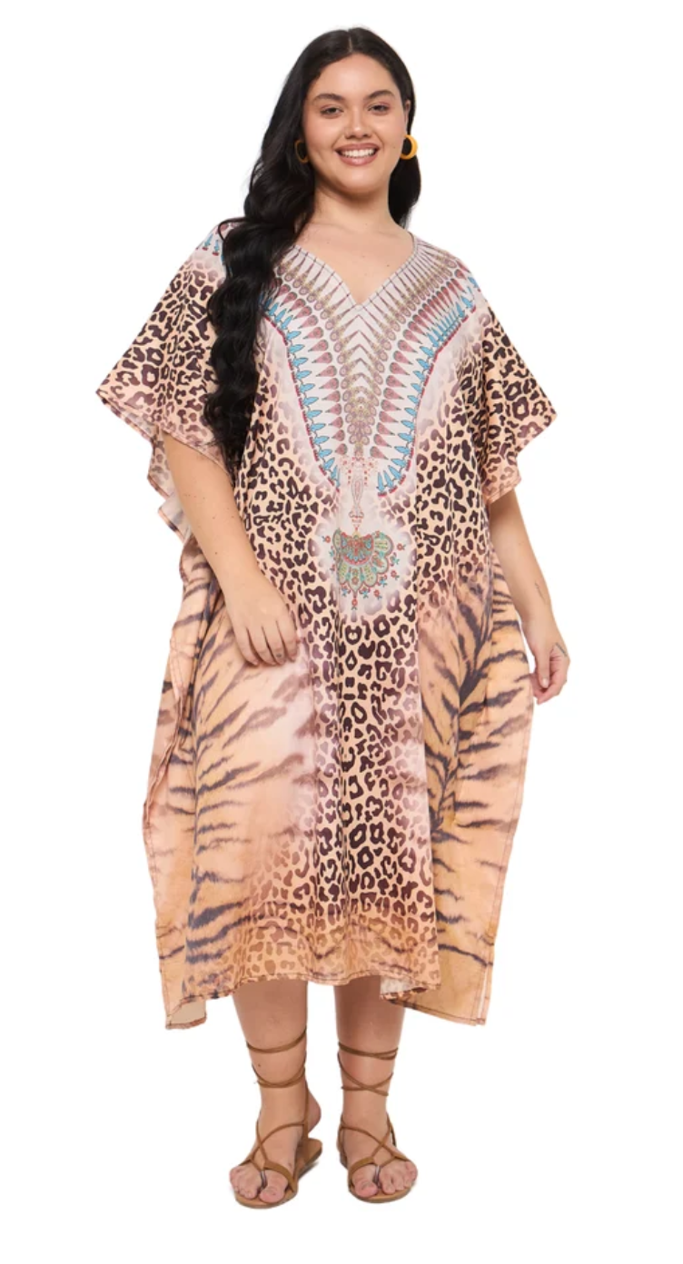 Beige Leopard Tiger Medallion Border Polyester Plus Size Kaftan for Women 1X-3X V Neck | GypsieBlu