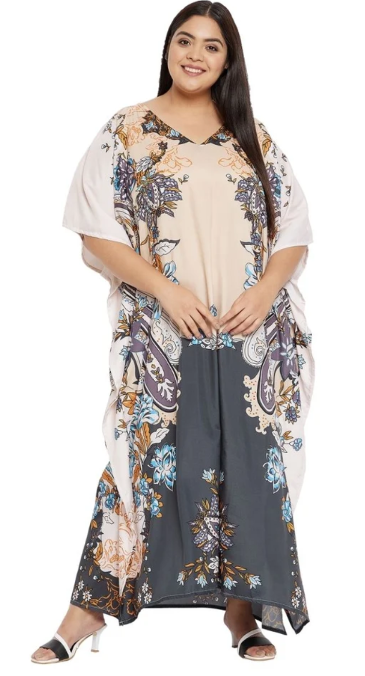 Gray Botanical Paisley Polyester Plus Size Kaftan for Women 1X-3X | GypsieBlu