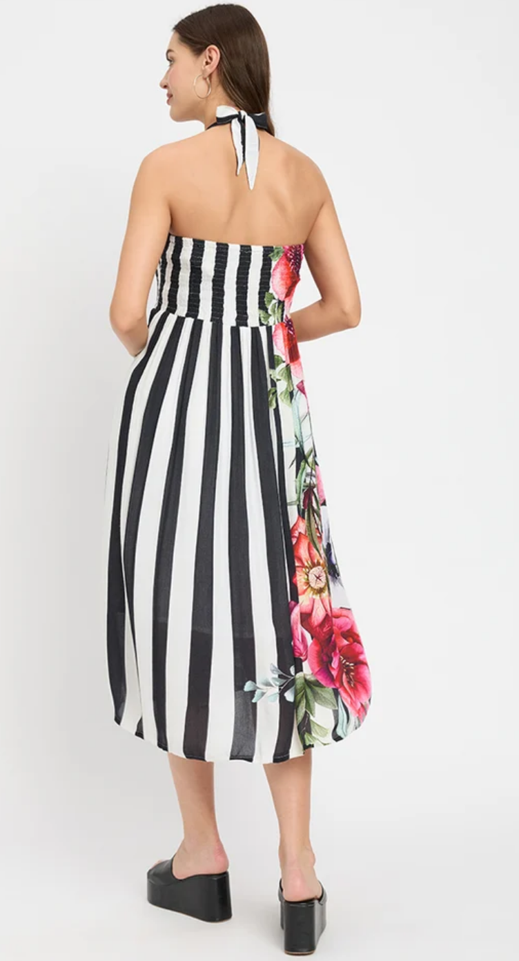 White & Black Striped & Floral Rayon Midi Dress for Women S-XL Sleeveless Halter Neck | GypsieBlu