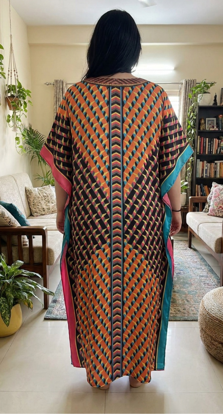 Multicolor Geometric Satin Women Plus Size Kaftan Brunch Dress