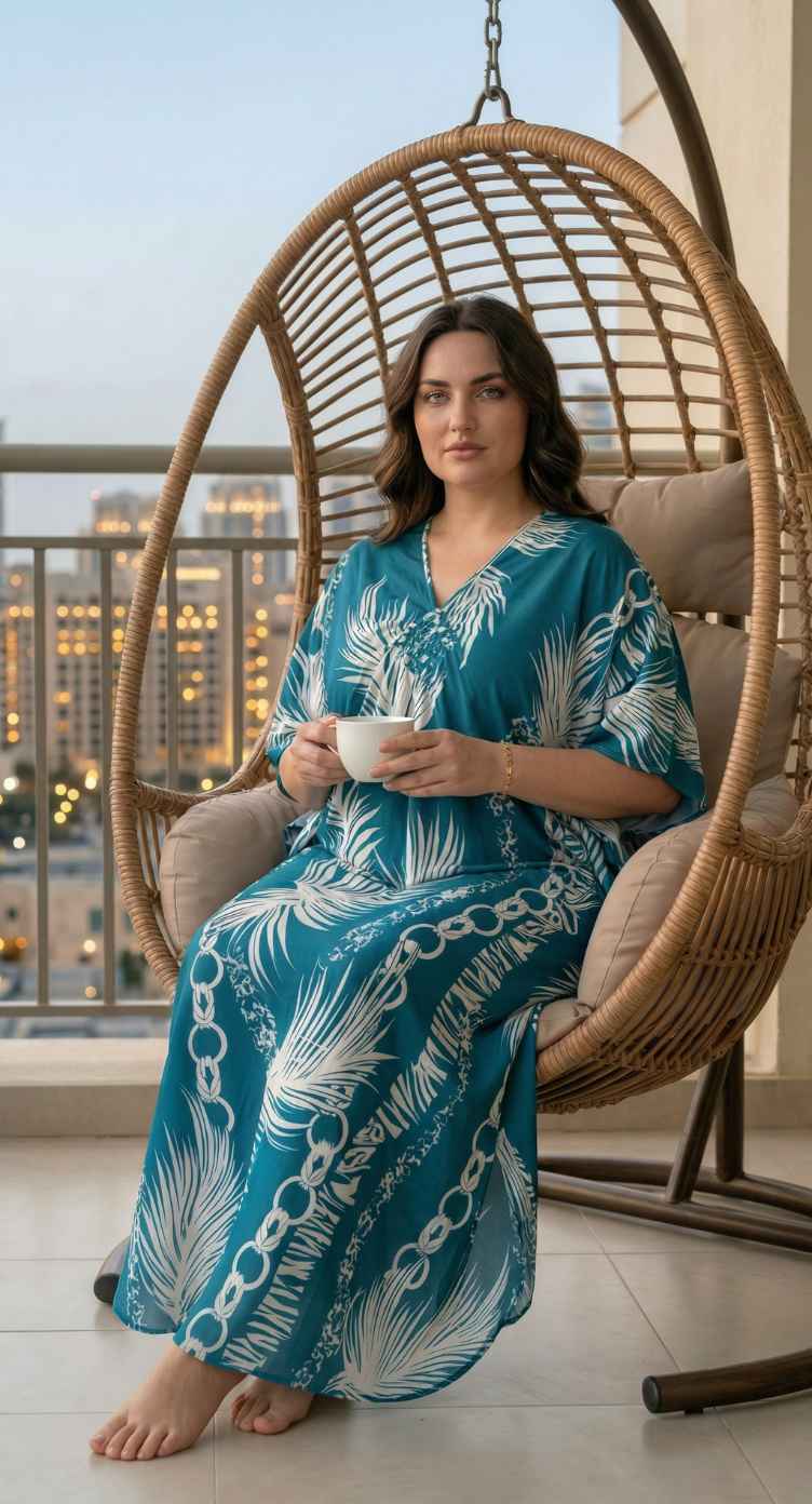 Teal Blue Tropical Polyester Women Plus Size Kaftan Beach Dress 1X-3X