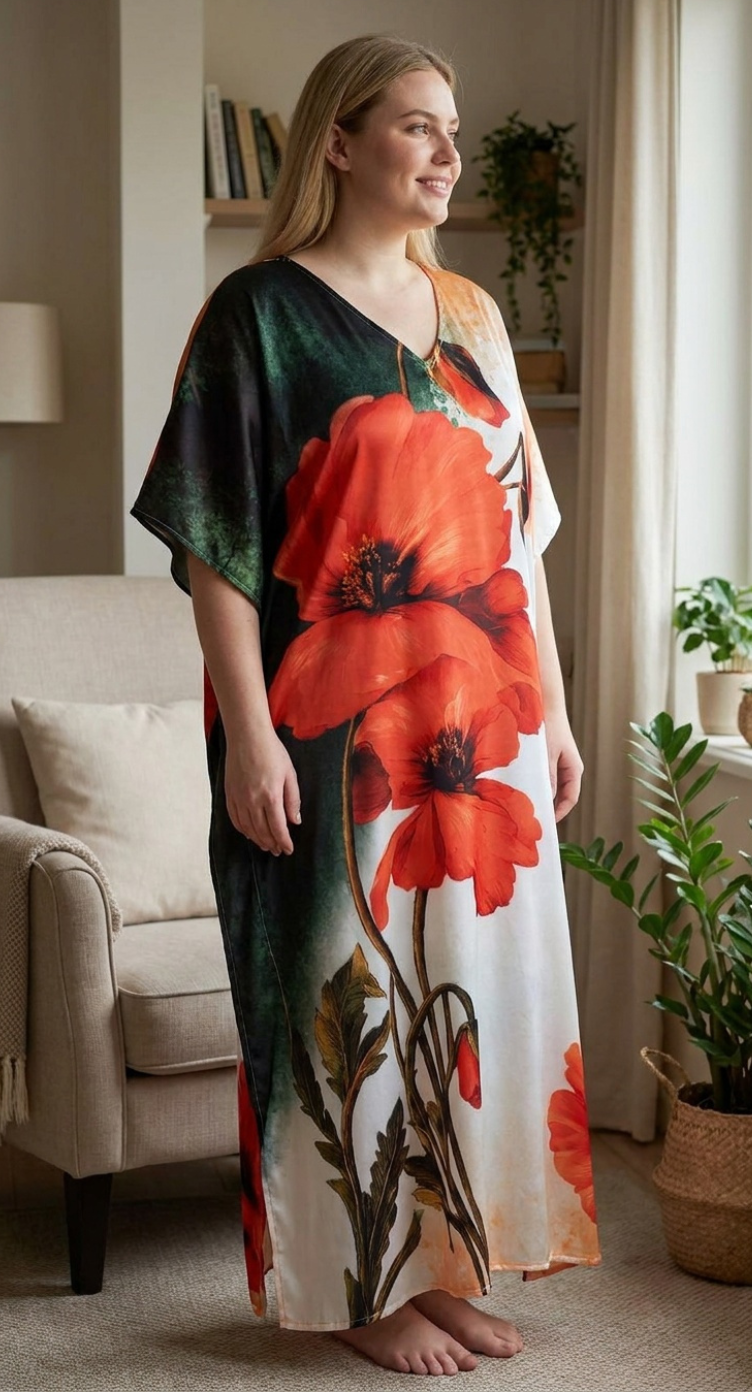 Red Floral Satin Women Plus Size Kaftan Elegant Dress